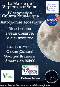 Le samedi 1er octobre à 20h – Astronomie pour tous au centre G.Brassens de Vigneux